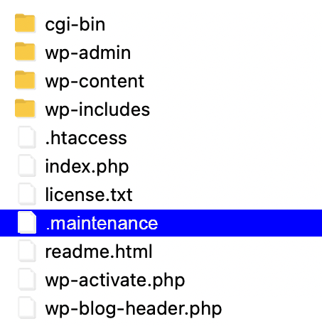 die .maintenance-Datei, die über ftp angezeigt wird