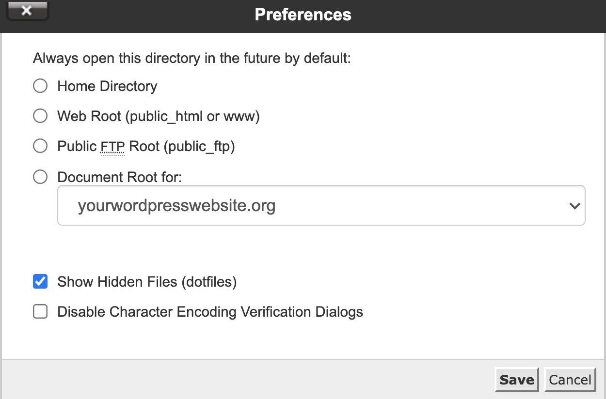 opzione per mostrare i file nascosti in cpanel