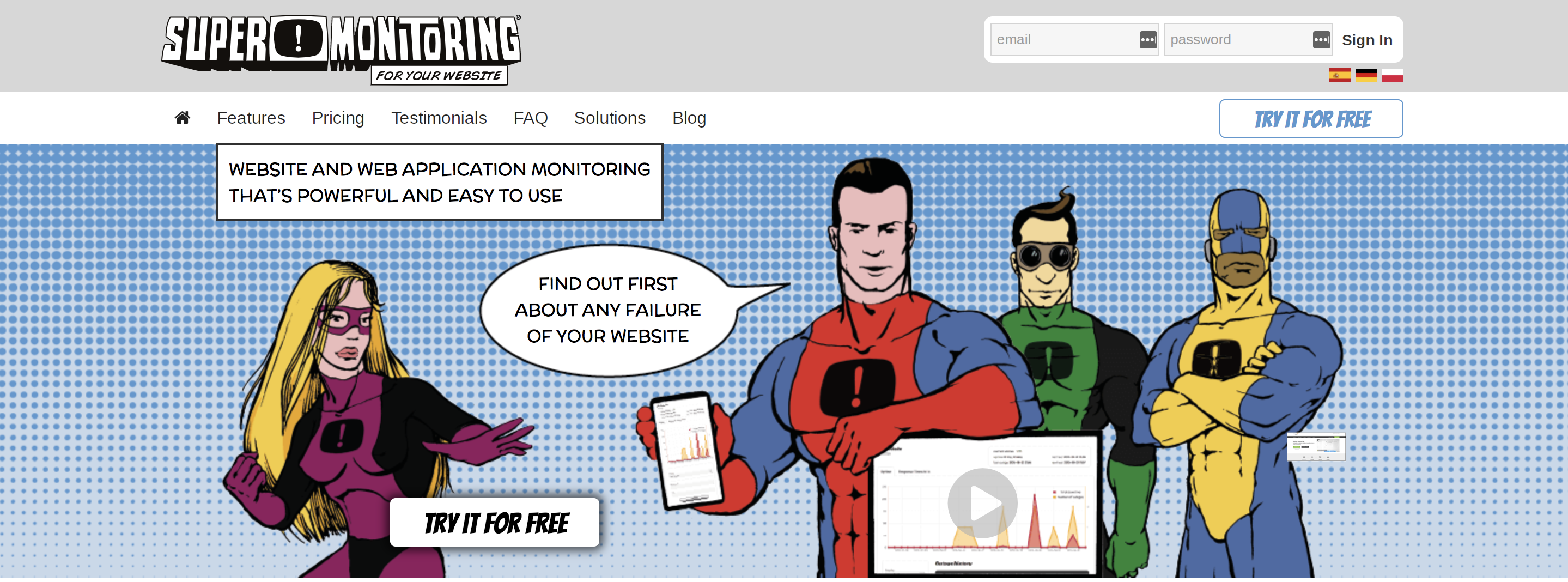 Super Monitoring-Website mit Illustrationen von Superhelden