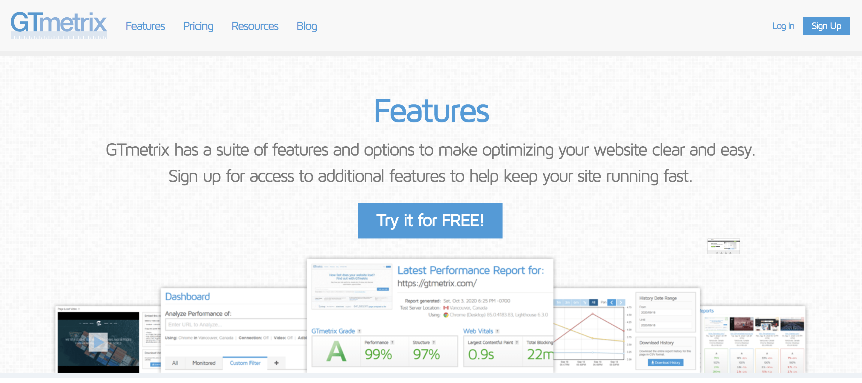 صفحة ميزات GTmetrix مع لقطات من النظام الأساسي