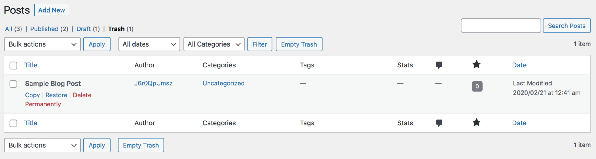 options pour restaurer un article de blog à partir de la corbeille