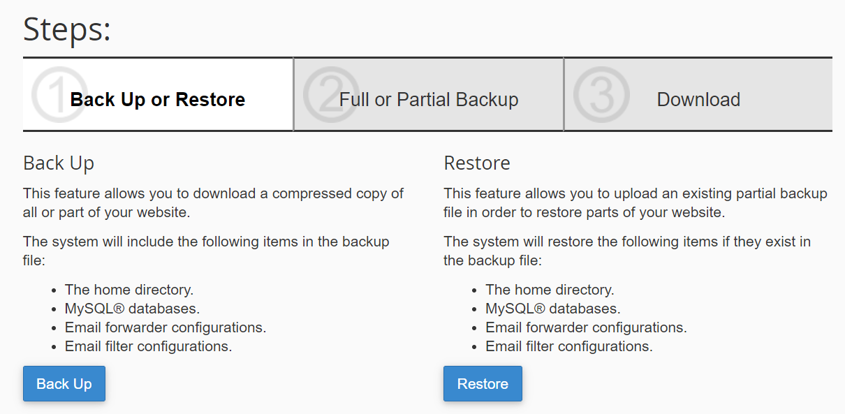 plus de paramètres pour les sauvegardes et les restaurations dans cpanel