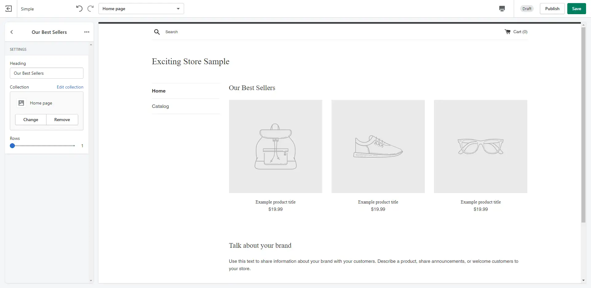 Gambar bagian layar edit koleksi unggulan dari tutorial Shopify.