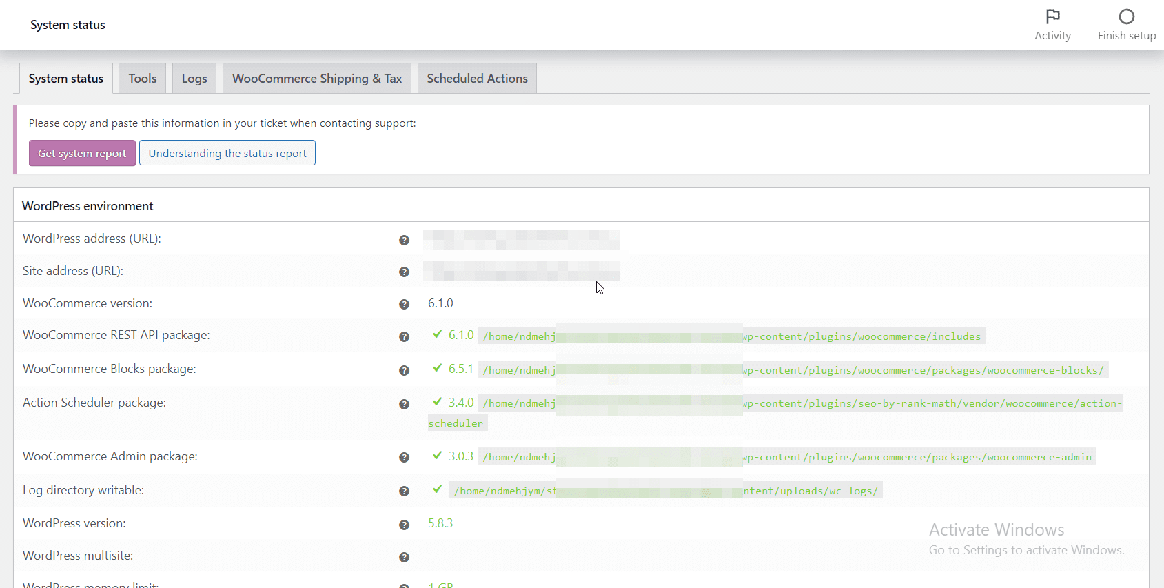 Informações de status do sistema