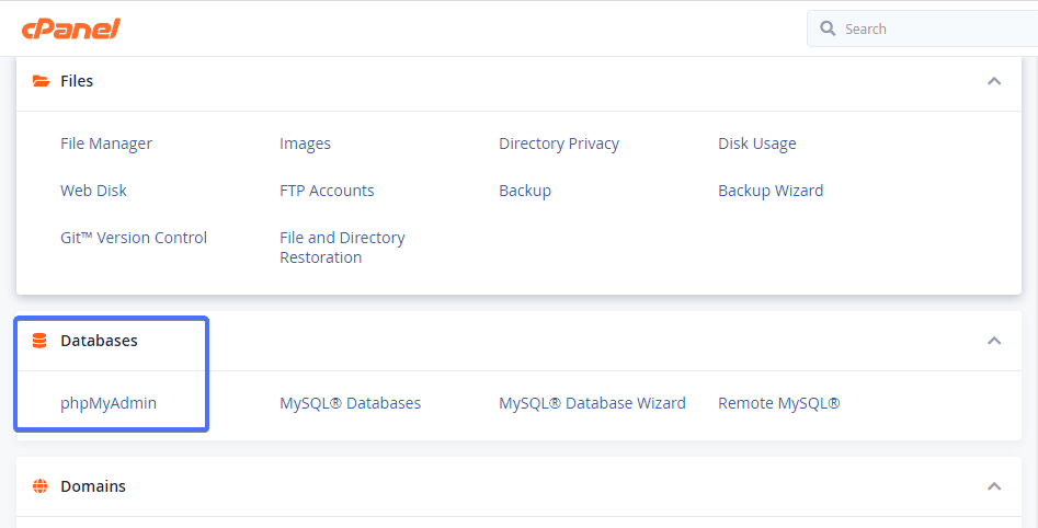 Sección de base de datos en cPanel