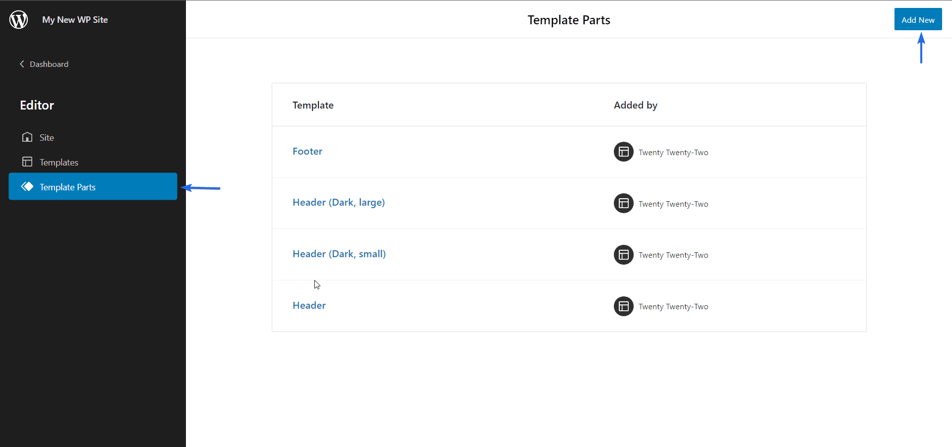 Menu Części szablonów