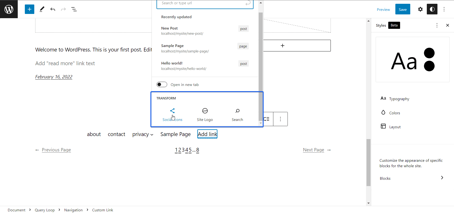 Przekształć pozycję menu w inny blok