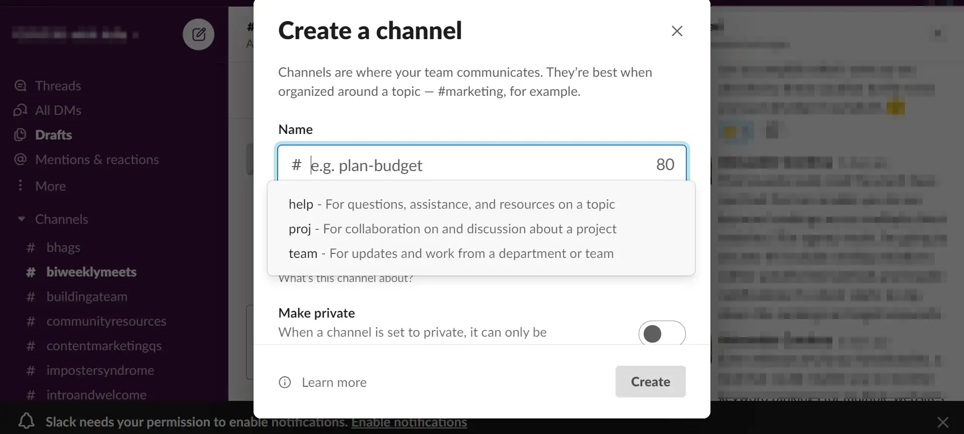 Aggiunta di un nuovo canale in Slack