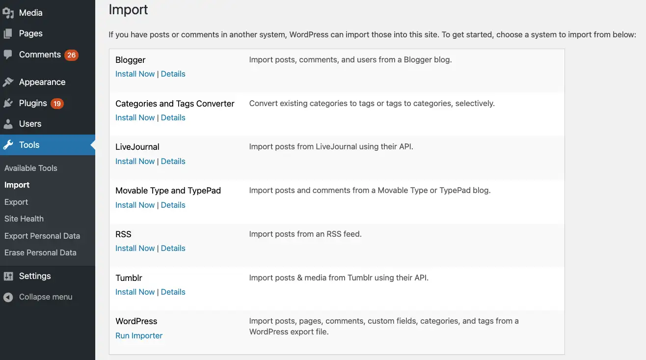 Ferramentas de importação e exportação do WordPress