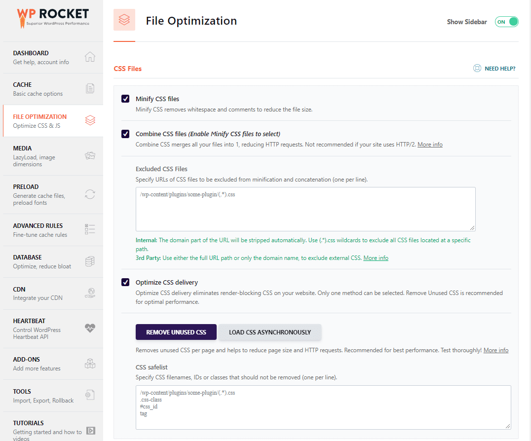 Dosya Optimizasyonu sekmesi CSS Dosyaları - WP Rocket