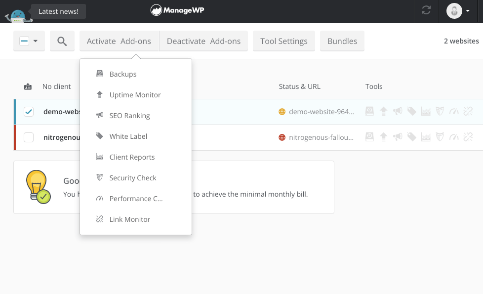 ManageWP 附加组件列表