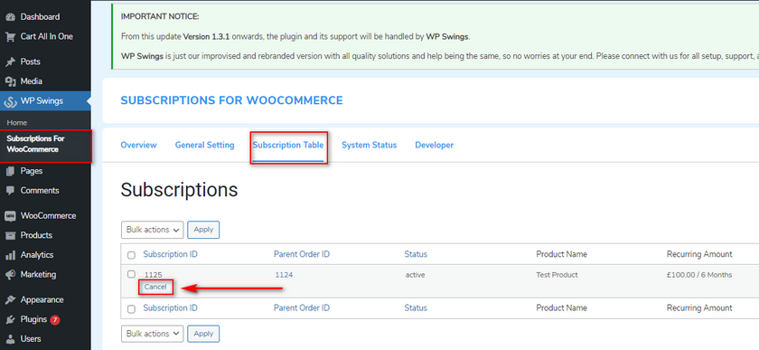 aggiungi prodotto in abbonamento woocommerce - tabella degli abbonamenti