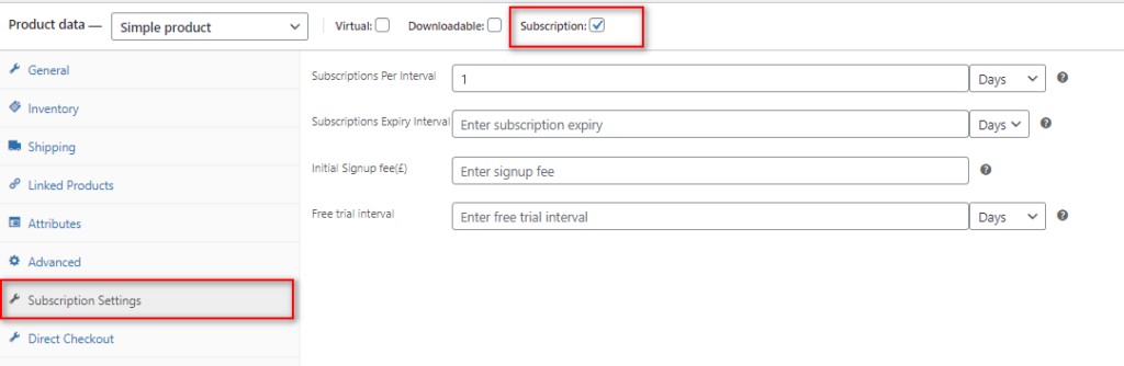 aggiungi prodotto in abbonamento woocommerce - impostazioni di abbonamento