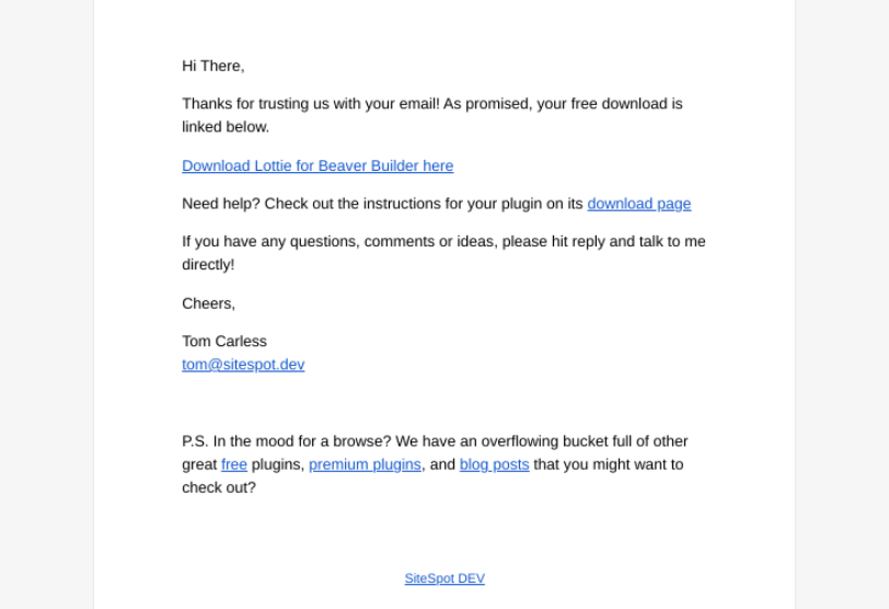 Электронная почта со ссылкой на скачивание Lottie for Beaver Builder.