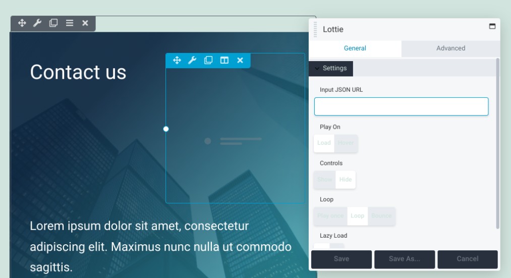 Le panneau de configuration du module Lottie.