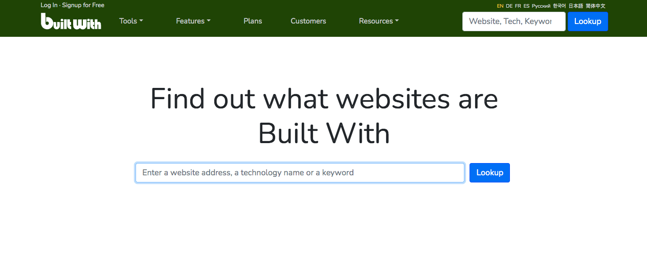 Pagina iniziale di BuiltWith