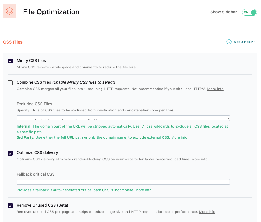 CSS'yi küçültün, CSS dağıtımını optimize edin ve kullanılmayan CSS seçeneklerini kaldırın - WP Rocket panosu