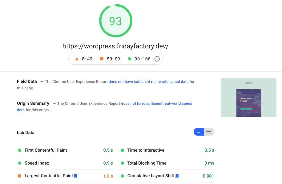 我使用 WP Rocket 和 Imagify 在果岭上的得分 - 来源：PSI