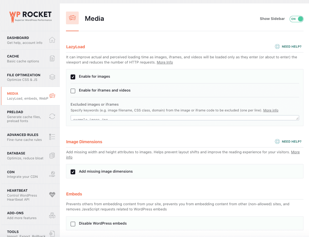 Onglet Média avec options cochées - Tableau de bord WP Rocket