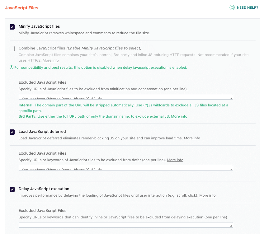 Opções adiadas de redução, atraso e carregamento de JS ativadas por padrão - Fonte: painel WP Rocket