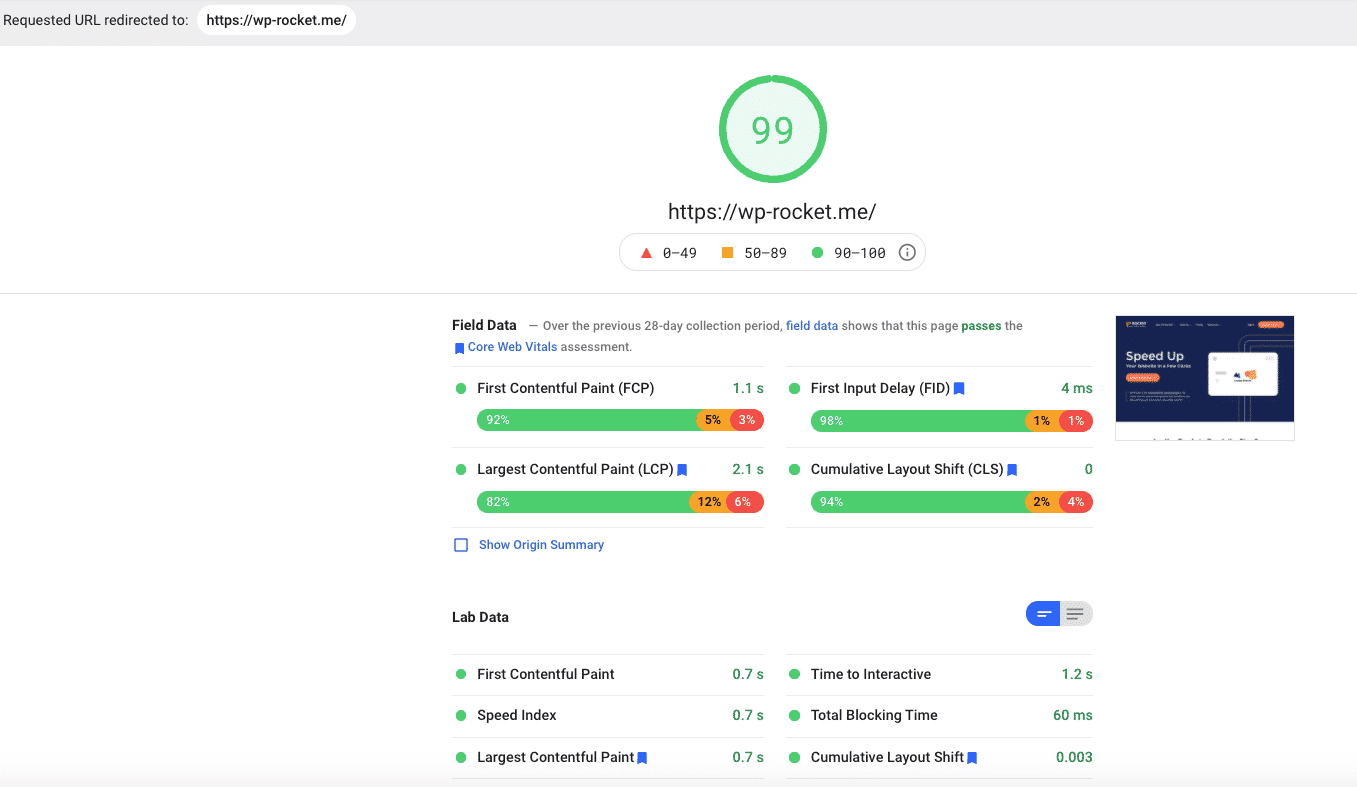 Przykład: Audyt oficjalnej strony internetowej WP Rocket (wynik 99/100) - źródło: PSI