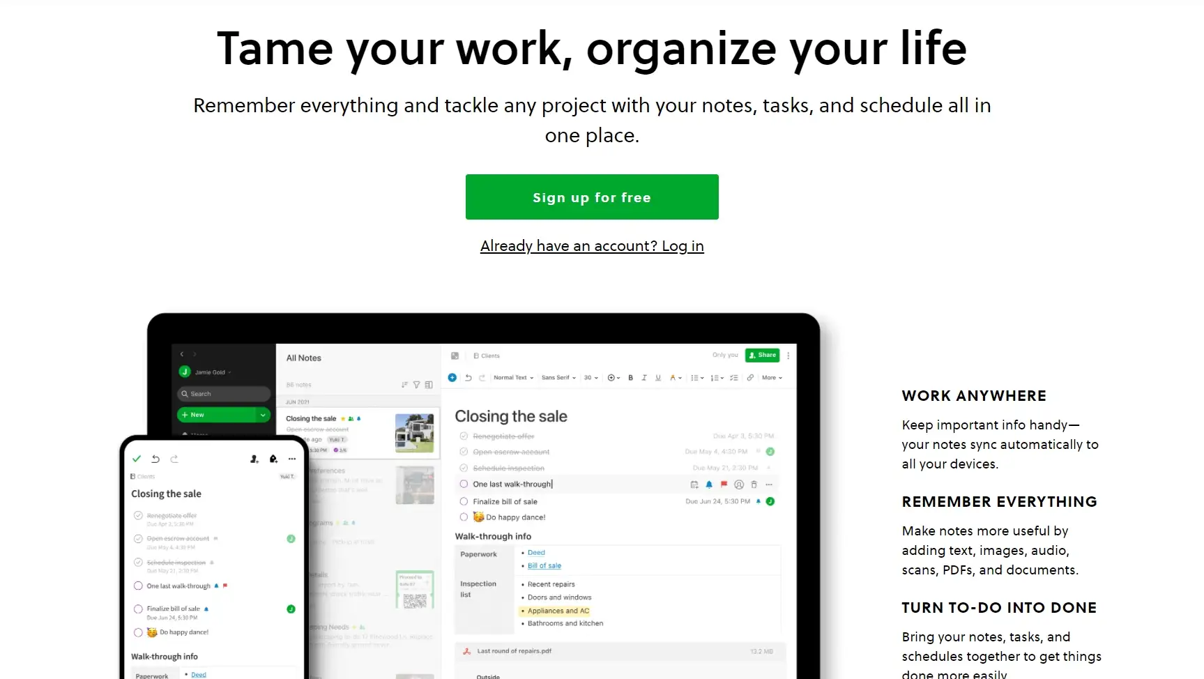 Page de destination Evernote