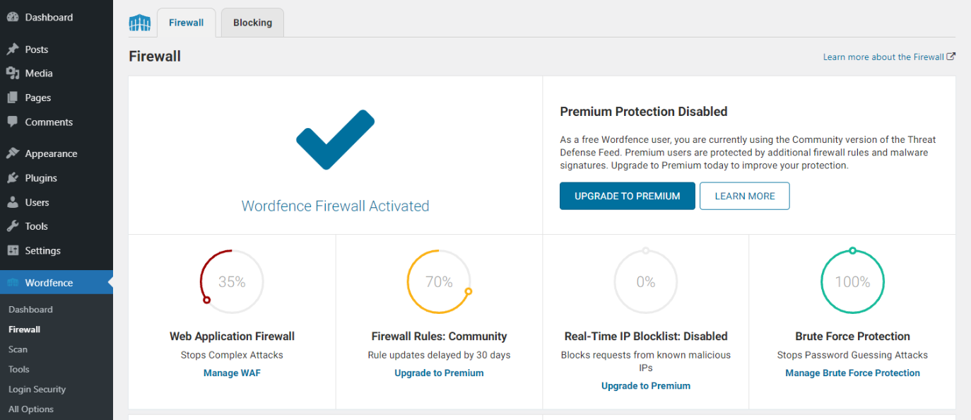 WordPress 中的 Wordfence Web 應用程序防火牆儀表板。