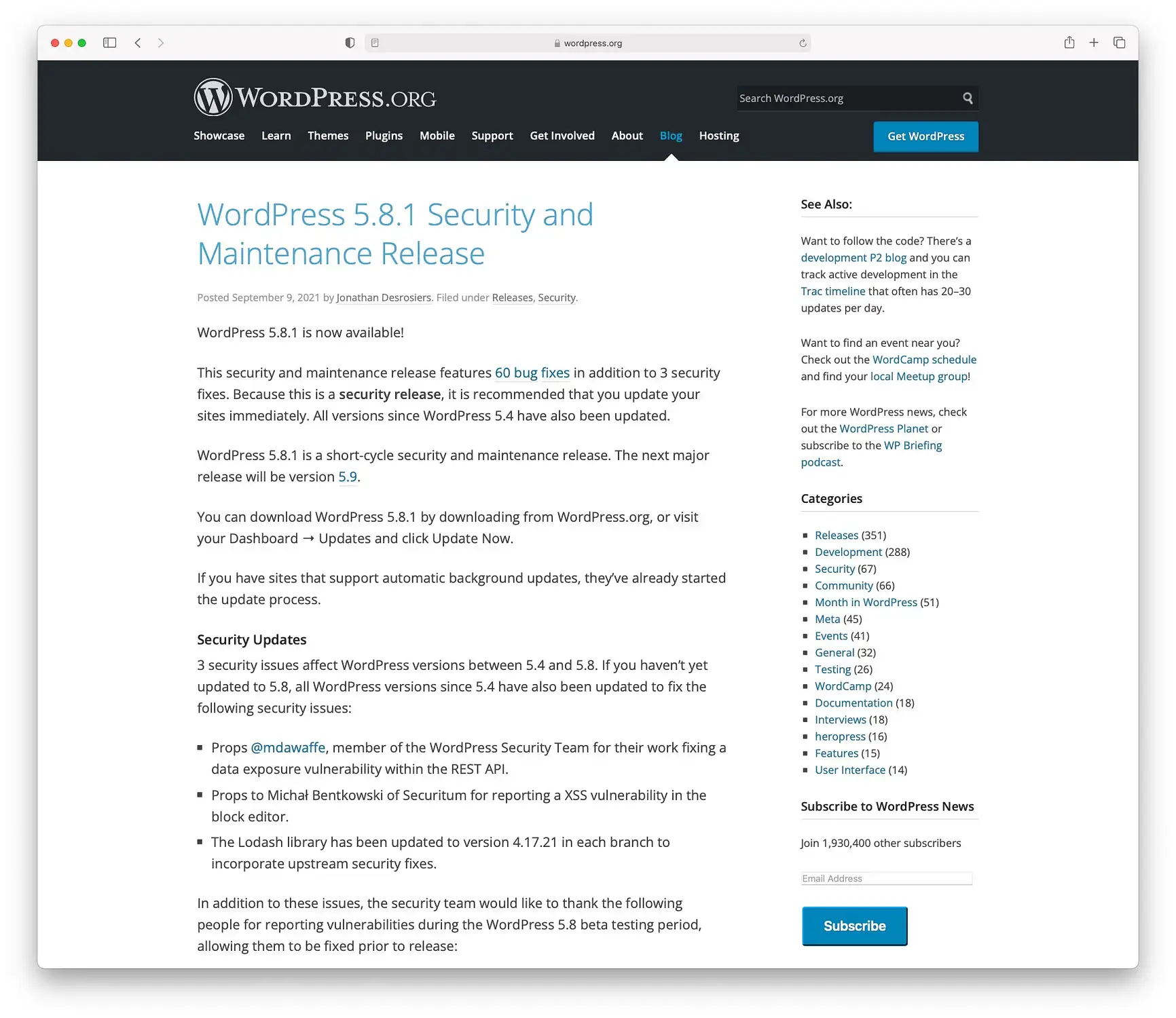 Actualización de seguridad de WordPress