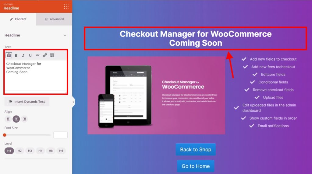 編輯標題創建 woocommerce 即將推出頁面