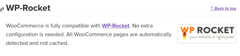 Kompatibilitas WooCommerce dengan WP Rocket - Sumber: situs web resmi WooCommerce