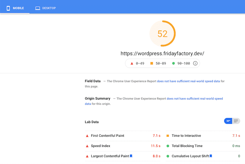 Note phare de mon site WooCommerce (mobile) - Source : PSI