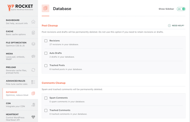 Section de nettoyage des publications et des commentaires (1/2) - Source : tableau de bord WP Rocket