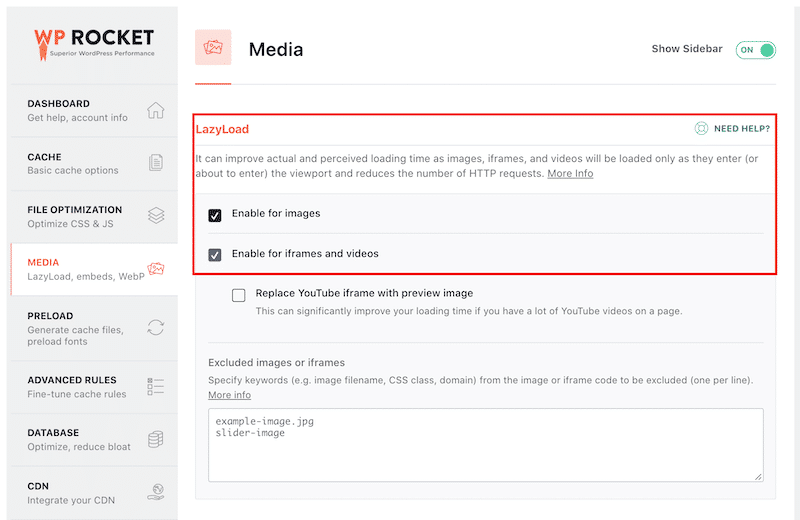 Opção Lazy Load - painel WP Rocket