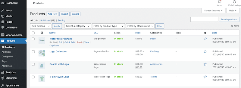 Extrato da página de meus produtos - painel WooCommerce