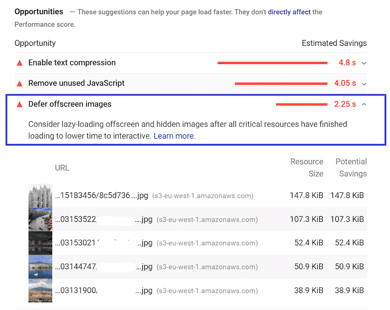 Seção de oportunidade após executar uma auditoria de desempenho (recomenda-se o carregamento lento) - Source PSI