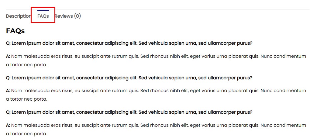 Scheda FAQ visualizzata nella pagina del prodotto