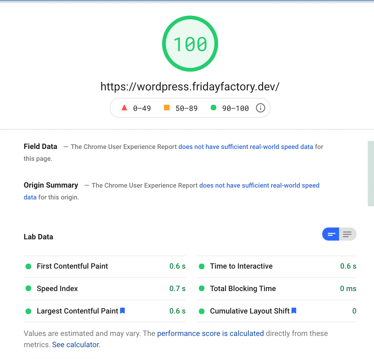 Tema Astra activată - fără conținut - fără WP Rocket - Sursa: PSI pe desktop