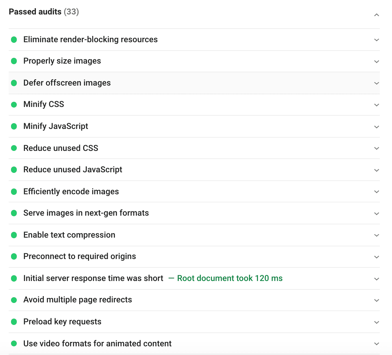 Lista de auditoria aprovada em verde graças ao WP Rocket - Fonte: PSI