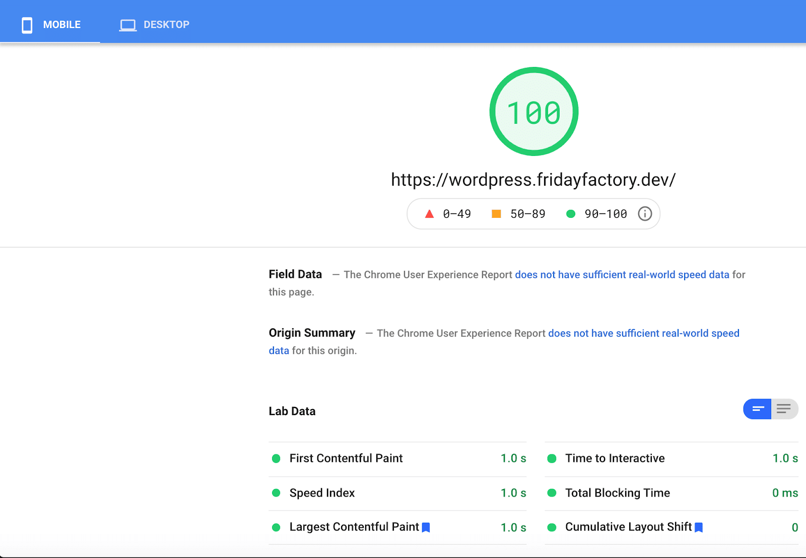 Skor ponsel saya berwarna hijau dengan OceanWP dan WP Rocket - Sumber: PSI