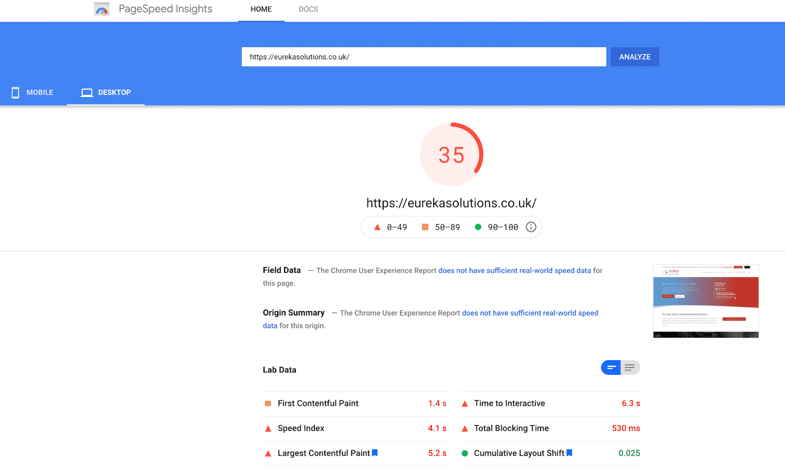 Score PageSpeed ​​depuis le bureau