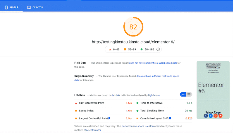 Il mio voto PSI su dispositivi mobili con molti contenuti sul mio sito - Fonte: Google PageSpeed ​​Insights