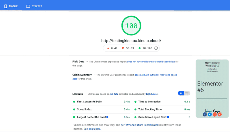 100/100 auf Mobilgeräten mit Kinsta und WP Rocket – Quelle: PSI