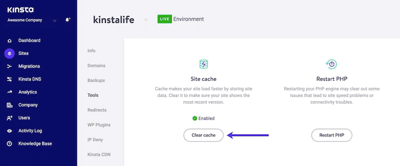 Opzione cache integrata in Kinsta - Fonte: Kinsta