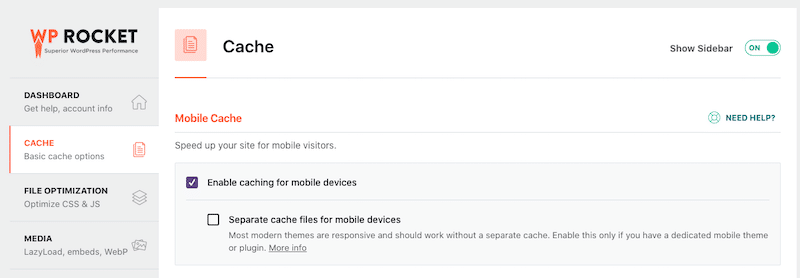 Включение кеша для мобильных устройств — Источник: панель управления WP Rocket.