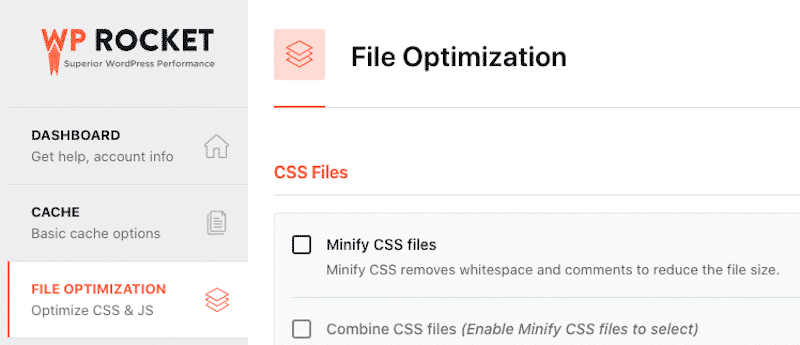 Aba File Optimization - Fonte: O painel do WP Rocket