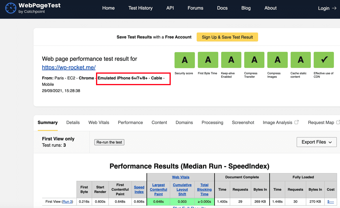 Probando mi sitio web en el móvil - Fuente: WebPageTest