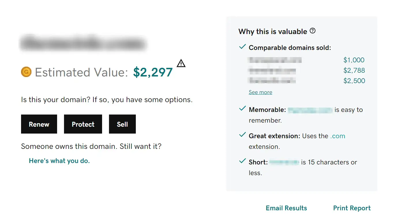 Contoh laporan nilai domain dari GoDaddy.