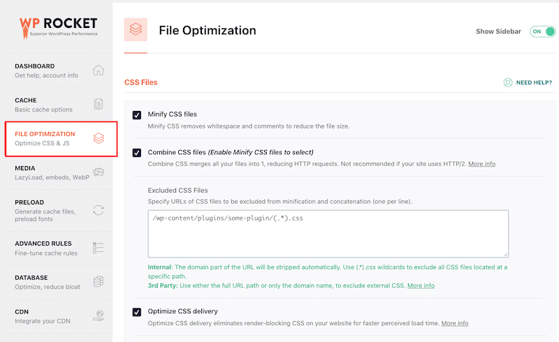 Optimisation CSS — Source : tableau de bord WP Rocket