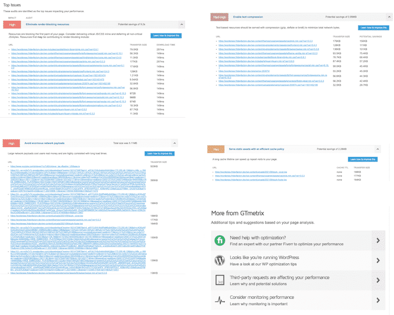 Problèmes signalés par GTmetrix lors de l'audit de mon site