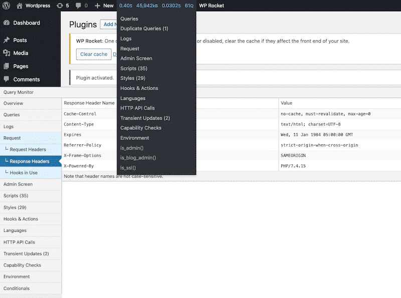 Pannello di amministrazione — Fonte: Query Monitor